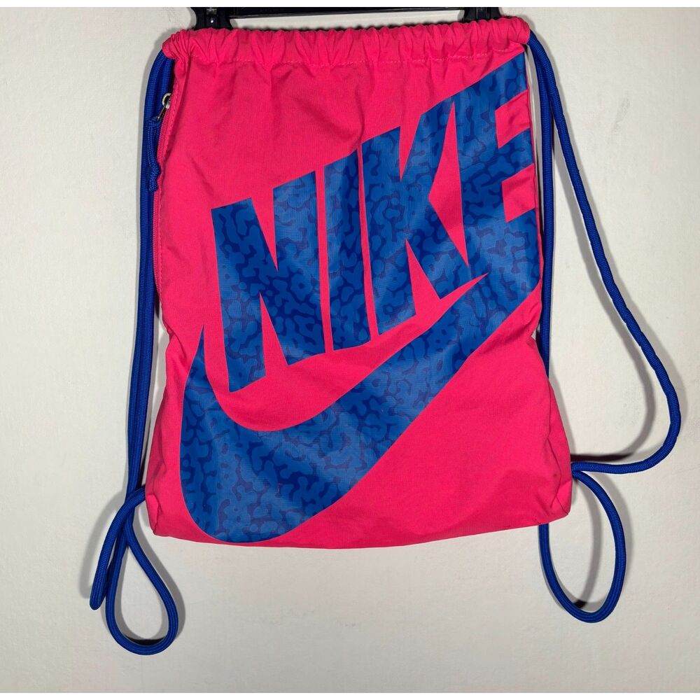 Nike Drawstring Gym Sack Backpack Pink Blue Cinch Bag Zip Pocket Athletic